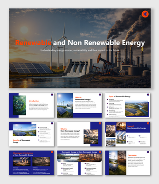 Renewable and Non-renewable Energy slides comparing sources, benefits, impacts and sustainability factors.