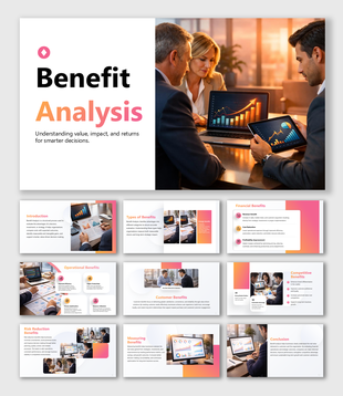Benefit Analysis presentation slides covering financial, operational, customer benefits and risk reduction insights.