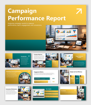Campaign Performance Report presentation slides analyzing reach, engagement, conversions, and marketing channel results.