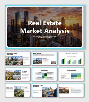 Real estate market analysis presentation slides with skyline visuals, trends, segments and growth insights set.