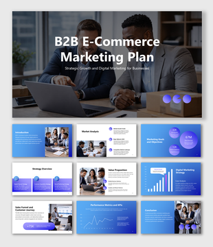 B2B e-commerce marketing plan slides with market analysis, strategy, KPIs, funnel and digital growth insights.