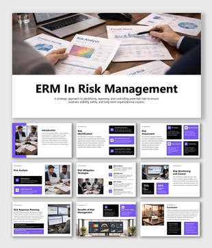 ERM risk management presentation slides covering risk identification, assessment, mitigation, and controls map.