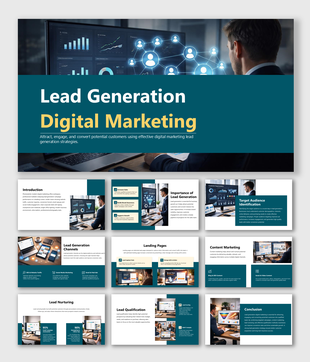 Lead generation digital marketing slides covering targeting, landing pages, nurturing, and lead conversions.