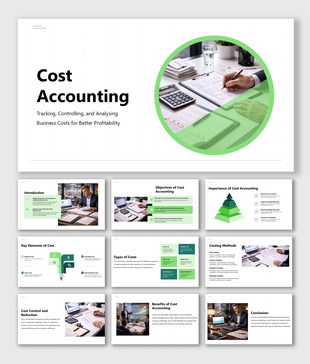 Cost accounting presentation slides covering cost types, control methods budgeting and profitability analysis.