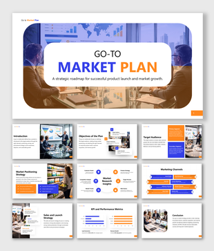 Go-to-market plan presentation slides highlighting audience, positioning, channels, launch strategy and KPI metrics.