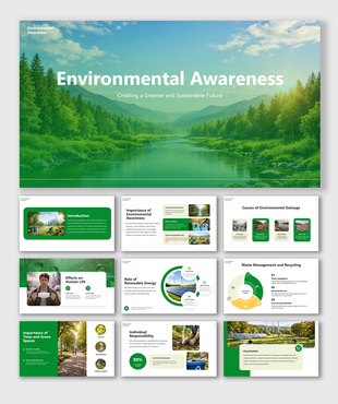 Environment presentation slides featuring green landscapes, sustainability tips, recycling, renewable energy, awareness.