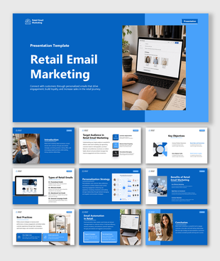 Retail email marketing slides with campaigns, personalization, automation, segmentation, and customer engagement insights.