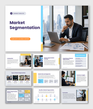 Market segmentation presentation explaining audience groups targeting strategies insights benefits business growth plan.