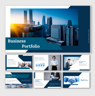 Business portfolio slides showcasing sections including financial performance, innovation, and market expansion strategies.