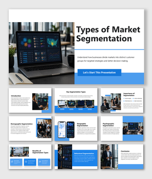 Market segmentation presentation explaining demographic, geographic, psychographic, and behavioral types for marketers.