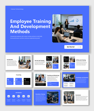 Employee training and development methods presentation covering e-learning, mentoring, workshops, and skill growth.