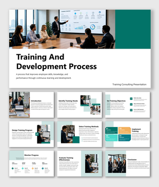 Training and development process presentation covering planning, implementation, evaluation, and employee growth.