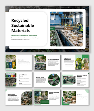 Recycled sustainable materials presentation covering recycling methods, eco products, waste reduction, and reuse today.