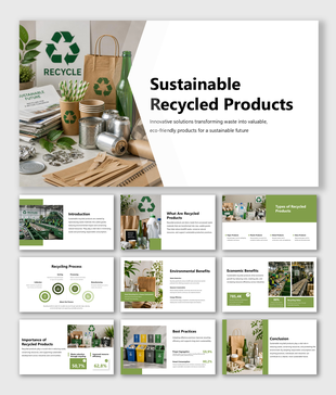 Sustainable recycled products presentation featuring eco-friendly materials, recycling, and green solutions for eco uses.