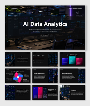 AI Data Analytics presentation featuring dashboards, predictive insights, automation, and smart decisions and growth AI.