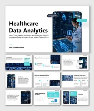 Healthcare data analytics presentation featuring predictive insights, smart monitoring, and AI-driven patient care.
