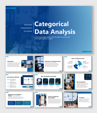 Categorical data analysis presentation showing classification, coding, visualization, and business insights effectively