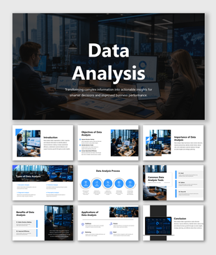 Data analysis presentation template featuring analytics tools, insights, visualization, and business decision making.