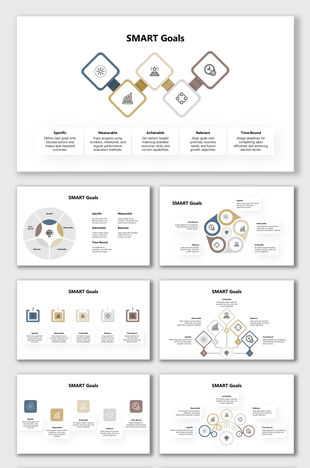 SMART goals presentation template with clean infographic layouts for Specific, Measurable, Achievable, Relevant goals.