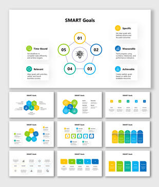 SMART goals infographic template with colorful circular diagrams for Specific, Measurable, Achievable, Relevant goals.