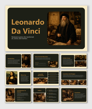 Leonardo da Vinci presentation template featuring Renaissance art, inventions, discoveries, and lasting legacy insights.