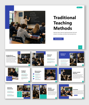 Traditional teaching methods presentation featuring lectures, textbooks, discipline, assessments, and learning today.