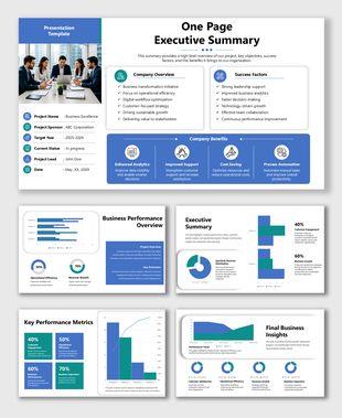 One-page executive summary template with company overview, KPIs, charts, benefits, and business insights dashboard view.