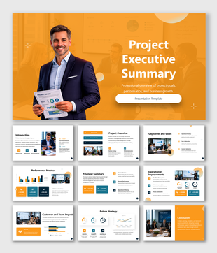 Project executive summary presentation showing goals, metrics, financial insights, operations, and strategy plans. today