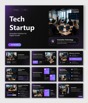 Tech startup presentation highlighting innovation, growth strategies, performance metrics, funding, and key success.