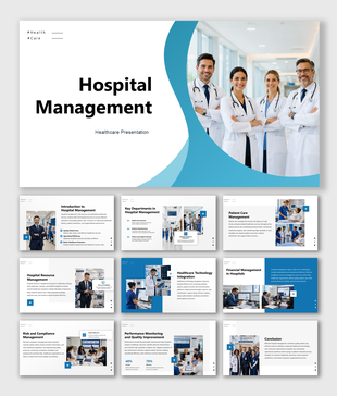 Hospital management presentation template covering healthcare operations, patient care, technology, and quality. today.