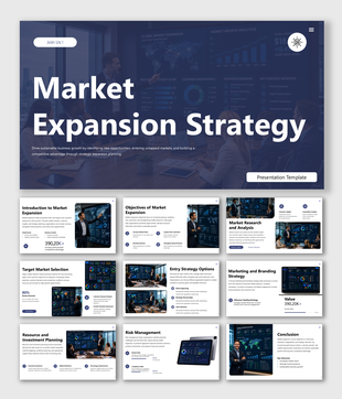 Market expansion strategy presentation covering research, target markets, branding, risk planning, and growth insights.