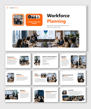 Workforce planning presentation showing talent forecasting, recruitment strategies, workforce analytics, and growth plan.