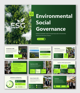 ESG PowerPoint presentation showcasing sustainability strategies, governance practices, metrics, reporting, and growth.