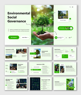 ESG presentation template featuring sustainability goals, governance practices, social impact, metrics, and reporting.