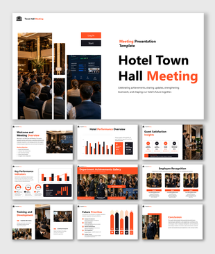 Hotel Town Hall Meeting presentation highlighting performance metrics, guest insights, employee recognition, and growth.