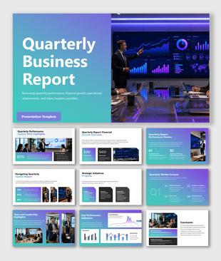 Quarterly Business Report presentation with financial dashboards, KPI reviews, growth insights, and planning today.
