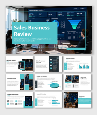 Sales Business Review presentation highlighting performance metrics, revenue analysis, customer insights, and growth.
