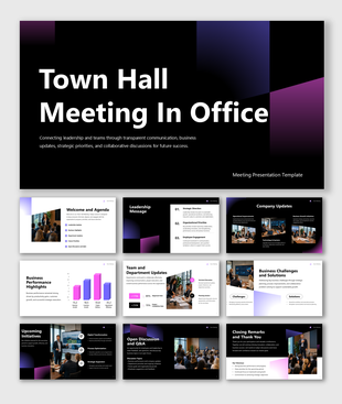 Town Hall Meeting in Office presentation featuring leadership updates, business performance, discussions, and Q&A.
