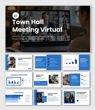 Town Hall Meeting Virtual presentation featuring leadership updates, company performance, employee engagement, and Q&A.