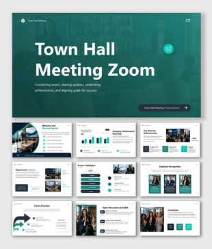 Town Hall Meeting Zoom presentation featuring company updates, project highlights, employee recognition, and Q&A.