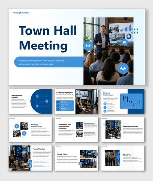 Town Hall Meeting presentation featuring company updates, employee achievements, strategic plans, and goals today.