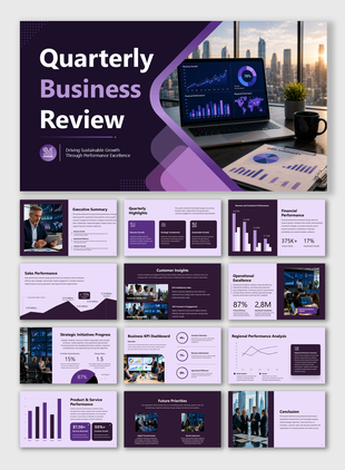 Quarterly business review presentation highlighting performance, growth, financial insights, and future goals today.