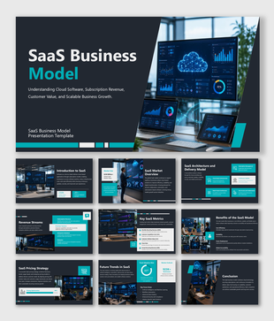 SaaS business model presentation covering subscriptions, recurring revenue, customer value, scalability, and growth.