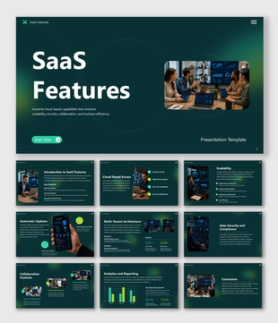 SaaS features presentation showcasing cloud access, security, analytics, collaboration, and scalability tools today.