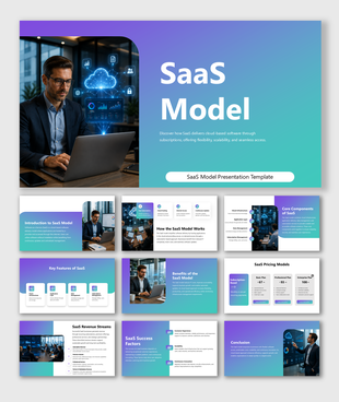 SaaS model presentation explaining cloud software delivery, subscription pricing, scalability, and business growth benefits.