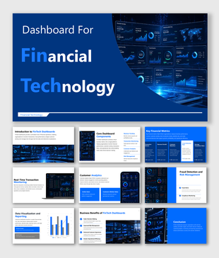 FinTech dashboard presentation showcasing real time analytics, fraud monitoring, KPIs, and financial insights now.