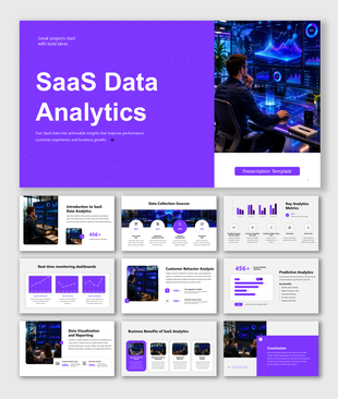 SaaS data analytics presentation with dashboards, customer insights, KPIs, predictive reporting, and growth today.