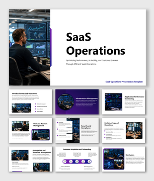 SaaS operations presentation covering performance, automation, security, support, and scalable growth for businesses AI