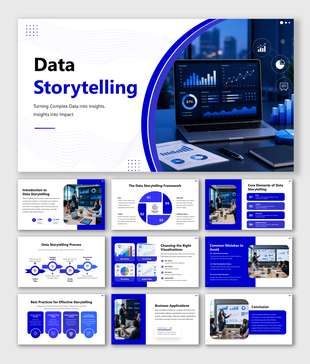 Data Storytelling slides with analytics dashboards, charts, visualization frameworks, and business insights.