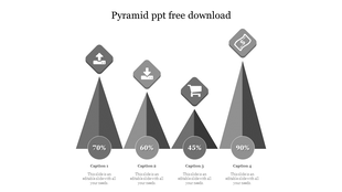 Vibrant layout with four gray pyramids, each featuring an icon and percentage, displaying various business stages.